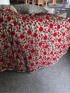 Luxurious Embroidered Katan Silk Red Rose Maxi Skirt 70” flare Romantic
